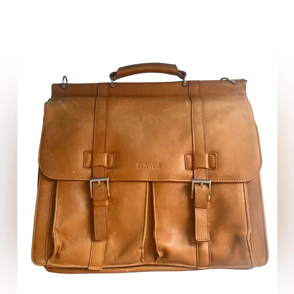 Kenneth Cole Reaction Cognac Leather Laptop Briefcase Messenger Bag